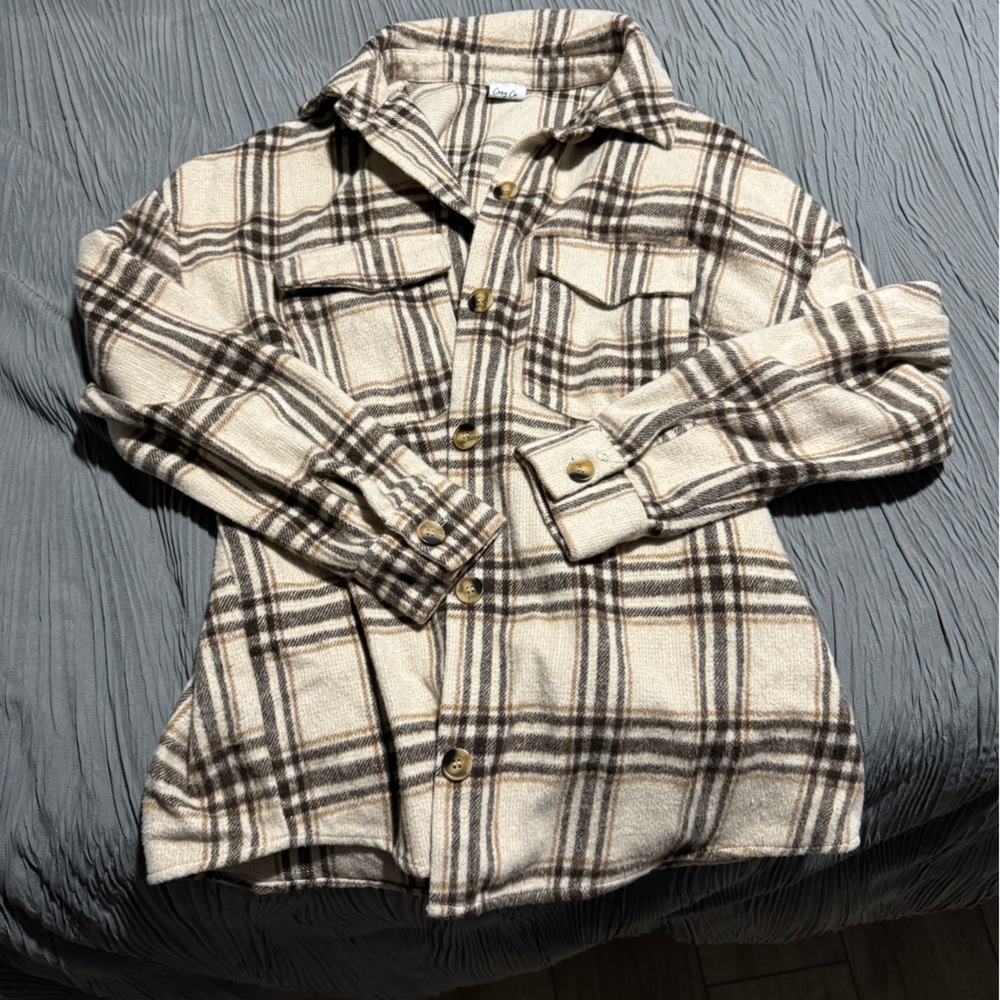 Cozy Casual Plaid Button Down Shirt - Cream and Brown